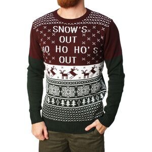 Ugly Christmas Sweater "Snow's Out Ho Ho Ho's Out" Maroon Green Deer Mens Sz L